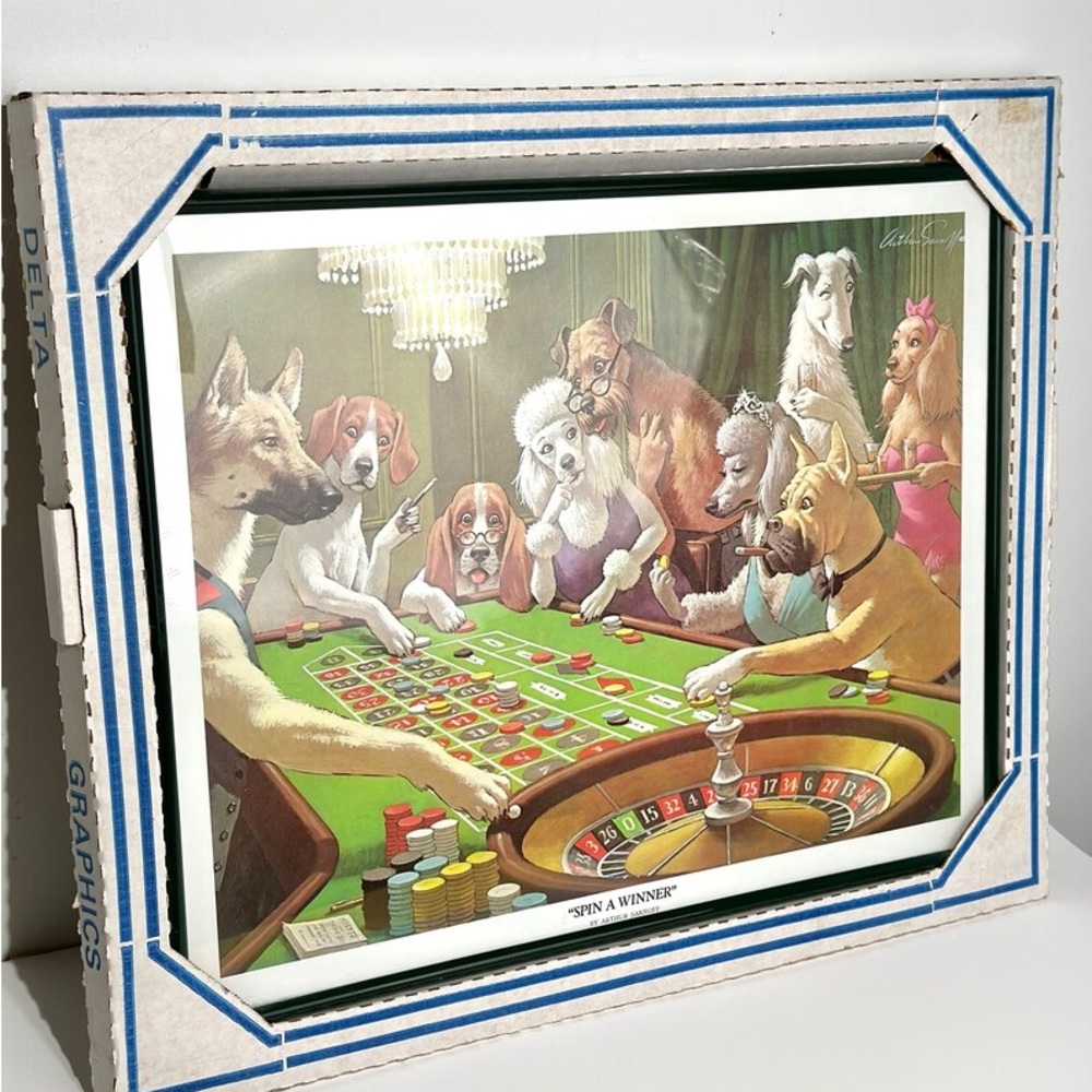 Vintage Art Print, Arthur Kaplan, Large, Dogs Gambling, DEADSTOCK, Spin A Winner